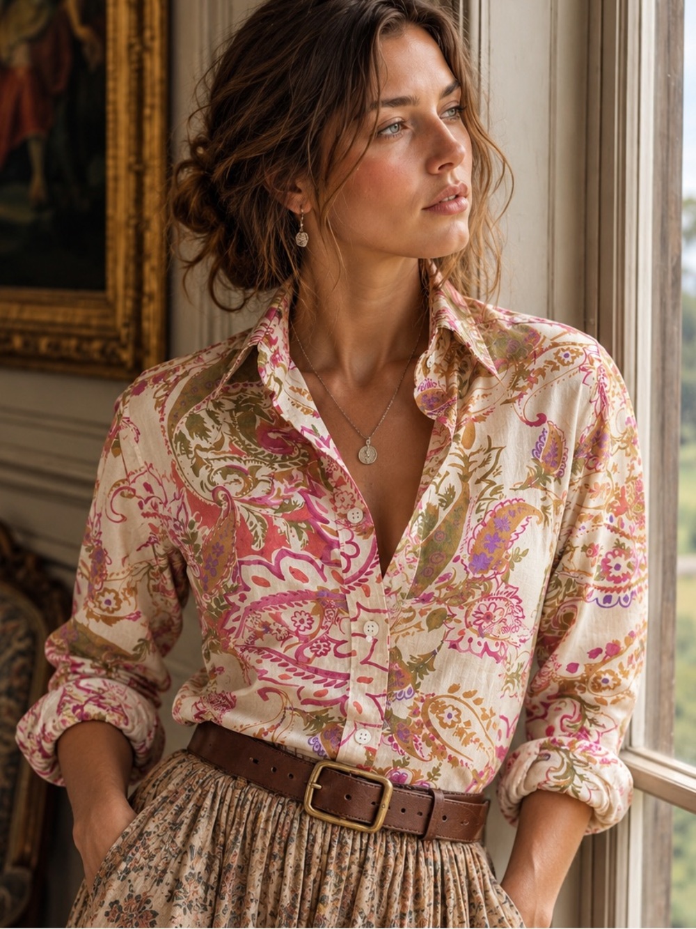 Lauren Ralph Lauren Petite Paisley Cotton Shirt Heritage Boho Equestrian Preppy